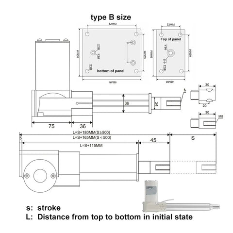 Diagram showing dimensions and specifications of Rock Solid 24V DC Electric Linear Actuator With Hall Sensor Synchronous Control Kit.