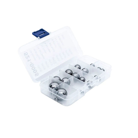 Assorted Chrome Steel Precision Bearing Balls in a clear storage case displaying various metric and imperial sizes.