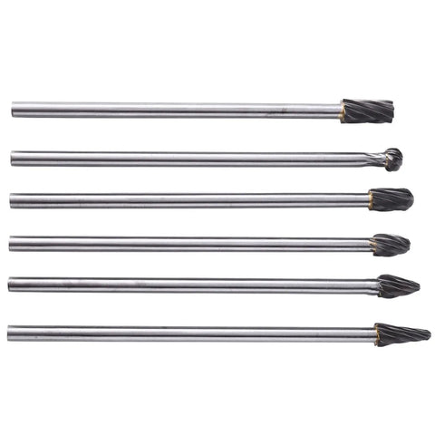 Five tungsten carbide rotary bits with 6mm shanks for metalworking, part of the Badass Six Piece Tungsten Carbide Rotary Bit Set.