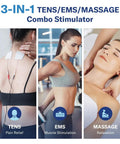 3-in-1 TENS/EMS/Massage stimulator collage: back electrode pads, waist EMS use, and relaxing massage scene