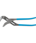 20 and a Quarter Inch Heavy-Duty Tongue and Groove Pliers With Safe-T-Stop Permalock Fastener, blue handled tool close-up.