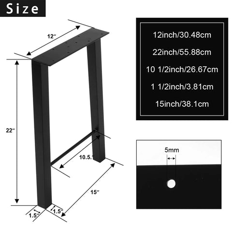 Diagram showing 22 Inch Black Industrial Table Leg Set Of 2 Heavy Duty Steel Desk Bench And Coffee Table Legs with measurements