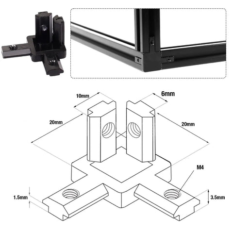 Diagram and installed view of 20Pcs 2020 Aluminum Extrusion Connectors 3 Way Corner Brackets L Slot T Slot Interior Joint Set 6mm With Screws And Wrench Black Easy Install DIY Friendly Heavy Duty Aluminum Profile Connectors