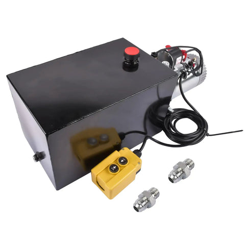 Beefy 12V DC Single Acting Hydraulic Pump Power Unit With 3.75 Gallon Steel Reservoir For Dump Trailers And Dump Trucks And Industrial Use High Flow 0.91 GPM Corrosion Resistant Motor Heavy Duty Hydraulics