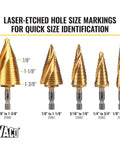 Step Drill Bit Set For Thin Metal Plastic Aluminum And Wood Seven Eighths To One And Three Eighths Inch Double Spiral Flutes For Fast Cutting Titanium Nitride Coating Heat Dissipation Quarter Inch Hex Shank By Klein Tools displayed with laser-etched size markings.