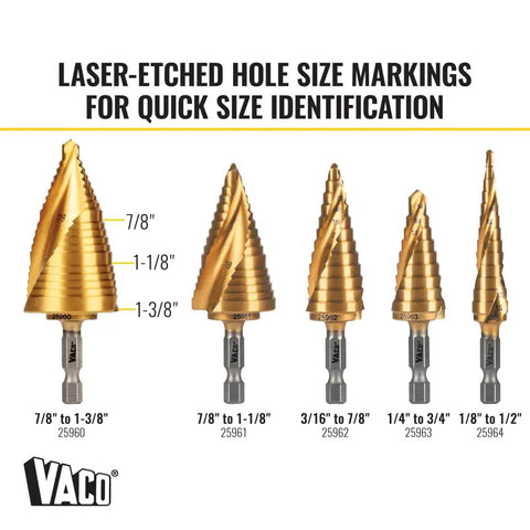 Step Drill Bit Set For Thin Metal Plastic Aluminum And Wood Seven Eighths To One And Three Eighths Inch Double Spiral Flutes For Fast Cutting Titanium Nitride Coating Heat Dissipation Quarter Inch Hex Shank By Klein Tools displayed with laser-etched size markings.