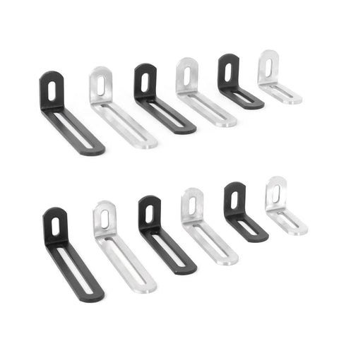 Premium Quality Heavy Duty Stainless Steel Adjustable Corner Brackets Built Like A Tank With Rock Solid Grip For 90 Degree Wood Shelving And Furniture Upgrades - Set of 10 corner brackets in black and silver.