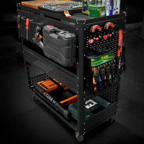 Side view of a 3 Tier Detachable Utility Cart With Steel Pegboard Foldable Rolling Tool Cart On Wheels For Garage Organization And Tool Storage A Real Garage Workhorse Grab And Go Mobile Shop Cart loaded with tools and supplies.