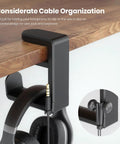 Rotating Headphone Stand For PC Gaming Headsets, Under Desk Clamp-On Holder With 360 Degree Swivel, cable clip on black desk