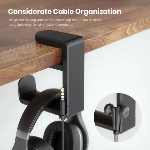Rotating Headphone Stand For PC Gaming Headsets, Under Desk Clamp-On Holder With 360 Degree Swivel, cable clip on black desk