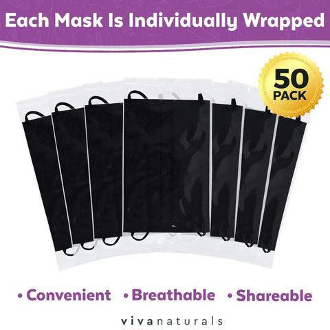 Ultra Thick 4-Ply Black Disposable Face Masks, 50 Individually Wrapped, shown arranged against a white background