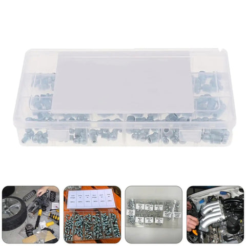 Super Tough Grease Nipple Assortment Kit With 260 Galvanized Iron Fittings In M6 M8 M10 Metric And Imperial Sizes Including 90 Deg And 45 Deg Angled Straight Nozzles Perfect For Heavy Duty Jobs Anywhere You Go., clear plastic case with galvanized grease fittings for automotive and machinery maintenance