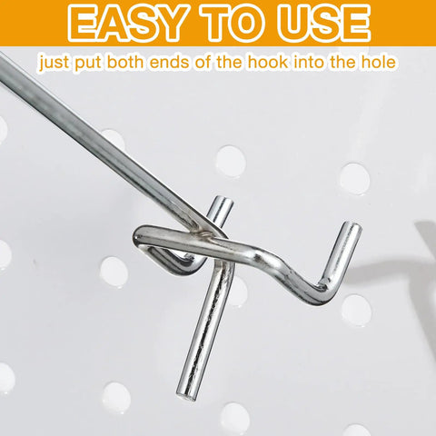 Close-up of 100 Pack Stainless Steel Pegboard Hooks For One Eighth And One Quarter Inch Pegboards being installed