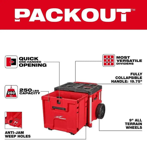 Impact Tool Box With Rolling Drawer For Heavy Duty Jobs, Red, One Handed Opening, 250 Pound Capacity, Fully Collapsible Handle