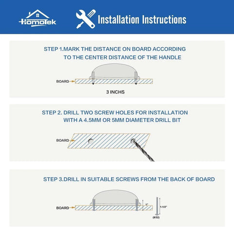 Installation instructions for 12 Pack Cup Pulls And Dresser Pulls In Brass Bronze Finish, 3 Inch Hole Centers