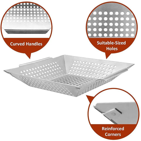 Stainless Steel Grill Basket For Indoor And Outdoor Use Large 12 By 12 By 2 Inch Veggie And Kabob Grilling Basket Heavy Duty