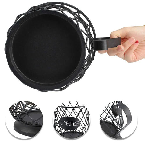 Hand holding K Cup Holder Coffee Pod Organizer For 35 K Cups Keurig Storage On Countertop Matte Black Open Top Design