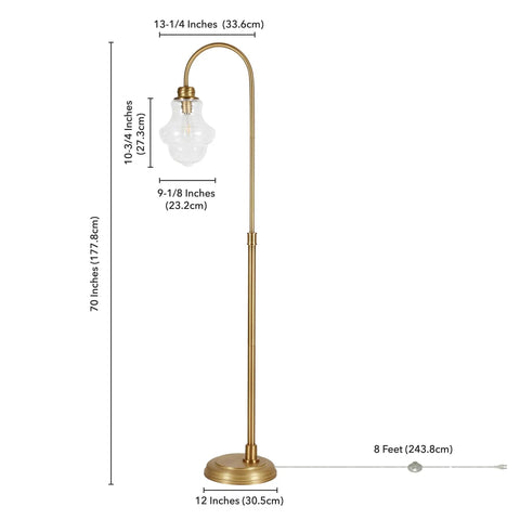 70 Inch Tall Arc Floor Lamp With Teardrop Seeded Glass Shade In Brass Finish, detailed dimensions and design view