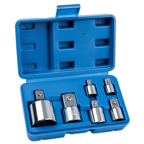 Versatile 6 Piece Socket Adapter Reducer Set Drives 1 4 To 3 8 And 5 16 Drive Conversion Kit For Tough Steel Ratchets And Impact Sockets Hardened Polished Non Rust Heavy Duty Garage Tools in blue case
