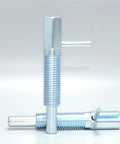 Top Shelf Stainless Steel Indexing Plunger Lever Lock Locating Pin M10 Metric Thread Spring Loaded Safety Pin, two angles.