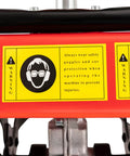Safety warning label on 52CC Gas Powered Tiller Cultivator with 2 Stroke Engine, highlighting need for goggles and ear protection.