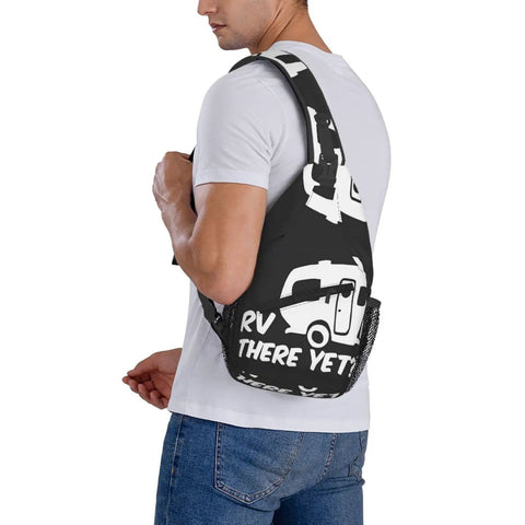 Man wearing Dope Chest Sling Bag Crossbody Backpack For Travel And Hiking Go To Everyday Carry with printed design on back