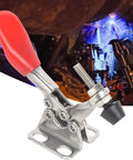Rock Solid 304 Stainless Steel Toggle Clamp Kit With Snappy Quick Release Action For Welding Jigs And Woodworking Fixtures, angled view of clamp with red handle and mount.