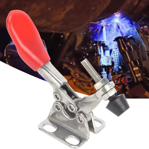 Rock Solid 304 Stainless Steel Toggle Clamp Kit With Snappy Quick Release Action For Welding Jigs And Woodworking Fixtures, angled view of clamp with red handle and mount.