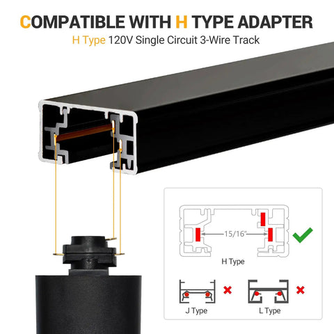 26FT H Track Lighting Kit in Black with H Type adapter compatibility diagram and connector detail