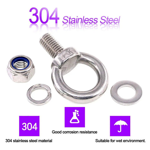Beefed Up M16 Eye Bolt Lifting Kit With Lock Nuts And Washers 8 Piece Stainless Steel Ring Eyebolts For Rigging And Hoisting Corrosion Resistant Shipboard Ready, 304 stainless steel eye bolt with lock nut and washer