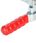 Close-up of red handle on Beefy Toggle Clamp With Quick Release Hold Down Fixture For Metal Plates And Circuit Boards Anti Slip Welding Tool