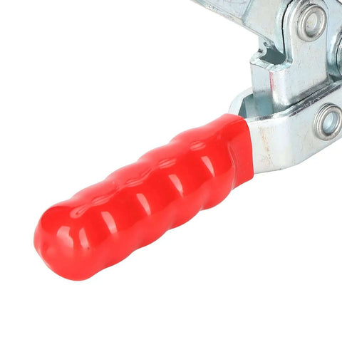 Close-up of red handle on Beefy Toggle Clamp With Quick Release Hold Down Fixture For Metal Plates And Circuit Boards Anti Slip Welding Tool