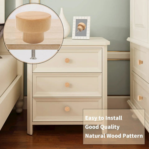 16 Pack Wood Cabinet Knobs Flat Top Round Natural Wood Drawer Pulls 35mm Diameter 25mm Height 22mm Base Easy Install For Cabinets And Dressers Rustic Classic Knob Kit shown on white dresser