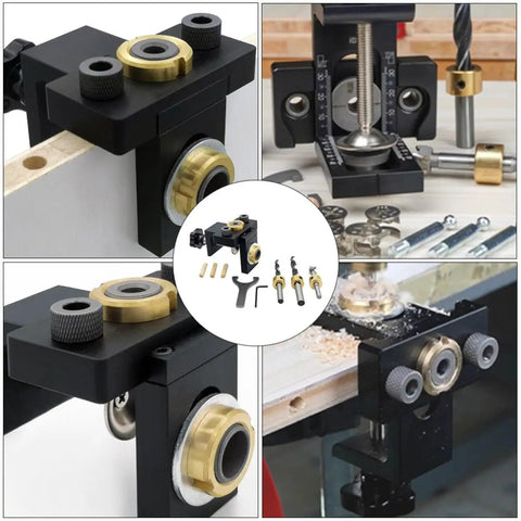 Dead Center Woodwork Punching Locator Tool For Carpentry Marking And Drawing Solid Aluminum Alloy Manual Drilling Positioner close-up view showing compact design and attachment to wood.