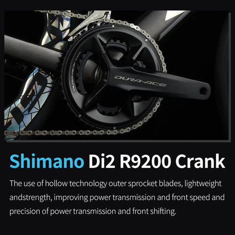 Close-up of Shimano Di2 R9200 crank on Di2 Full Carbon Road Bike With Ultra Light Frame And 24 Speed Shimano R9270 Groupset Hydraulic Disc Brakes Pro Grade Racing Carbon Bicycle For Adults Ultra Stiff Climb Ready 50cm Black.