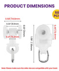 Zero Drama Dual Wheel Curtain Track Gliders 50 Piece Set Silent Rolling Hooks dimensions showing size of 1.38in x 0.58in x 0.49in.