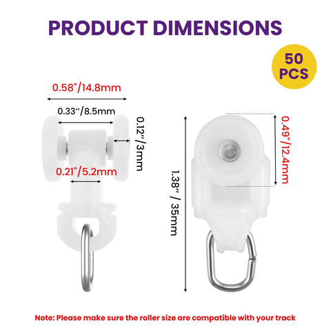 Zero Drama Dual Wheel Curtain Track Gliders 50 Piece Set Silent Rolling Hooks dimensions showing size of 1.38in x 0.58in x 0.49in.