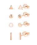 Rose Gold Unisex Stud Earrings Set For Women And Men 4 Pairs Of Dope Comfortable Studs In Circle Triangle Ball Shapes With 7.5mm Bars And 10mm Posts Easy Secure Butterfly Backs Hypoallergenic And Safe Everyday Wear, 925 sterling silver posts