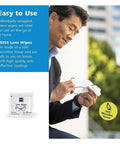 Side view of Zeiss Lens Wipes 120-pack; man cleans glasses beside blue info panel and wipe packet.