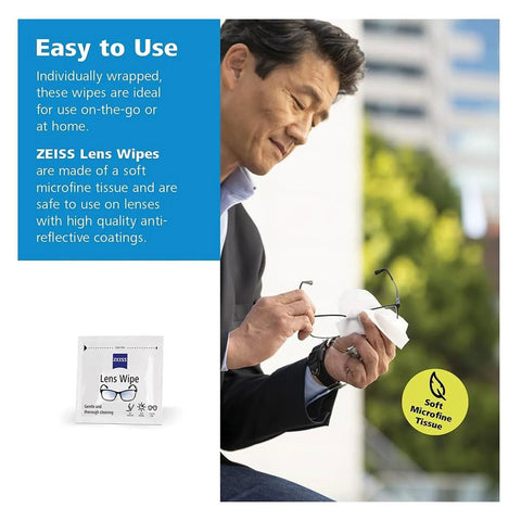 Side view of Zeiss Lens Wipes 120-pack; man cleans glasses beside blue info panel and wipe packet.