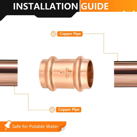 Heavy Duty 20 Pack 2x2 Lead Free Copper Press Couplings With Stop Built Tough For No Sweat Plumbing Installations On Type M L K Tubes And Clean Potable Water Runs, copper coupling connected to pipes.