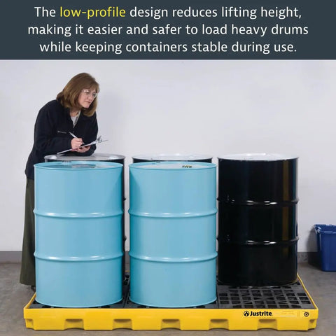 Low Profile Drum Spill Containment Pallet for 55 Gallon Drum, 12 Gallon Capacity, 5.5 Inch Tall, Built Tough HDPE Tray, Recycled Polyethylene, Made in USA, Black