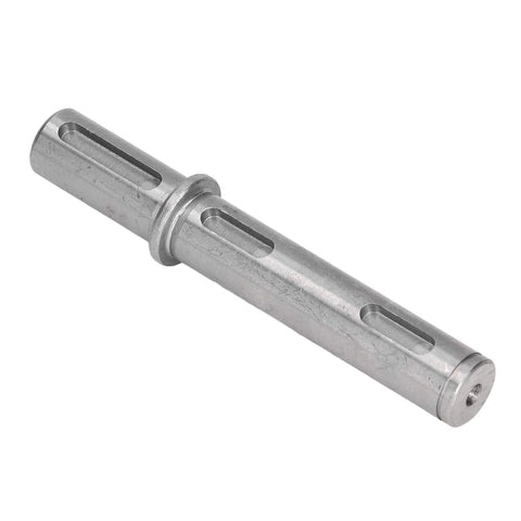 Output shaft, alloy steel, side view; 18 mm diameter, 128 mm long with slotted channels