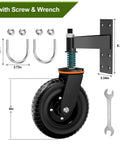 Heavy Duty 6 Inch Gate Wheels For Metal Tube And Wooden Fences, 500 Lb Capacity Per Wheel, 360 Degree Rotation, Spring Loaded Garden Caster With Screws And Screwdriver, 2 Pack shown with dimensions and parts
