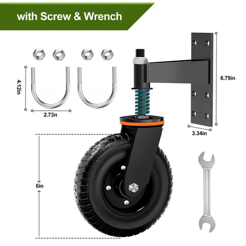Heavy Duty 6 Inch Gate Wheels For Metal Tube And Wooden Fences, 500 Lb Capacity Per Wheel, 360 Degree Rotation, Spring Loaded Garden Caster With Screws And Screwdriver, 2 Pack shown with dimensions and parts