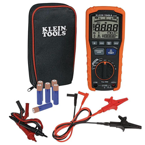 ET600 Multimeter Megohmmeter Insulation Tester With Auto-Ranging TRMS Readouts, accessories, and carrying case displayed.