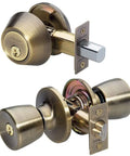 Keyed Entry Door Lock With Single Cylinder Deadbolt And Tulip Style Knob In Antique Brass Finish, Great For Indoor And Outdoor Use, Model TUCO0605 Combo