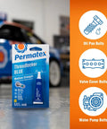 Permatex Threadlocker Blue 6 ml, medium-strength automotive threadlocker in blue packaging (front view).