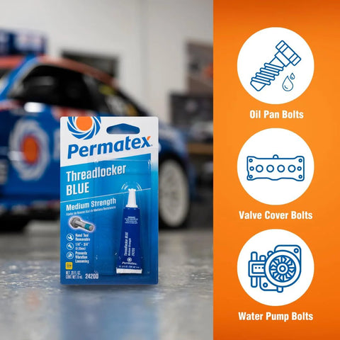 Permatex Threadlocker Blue 6 ml, medium-strength automotive threadlocker in blue packaging (front view).