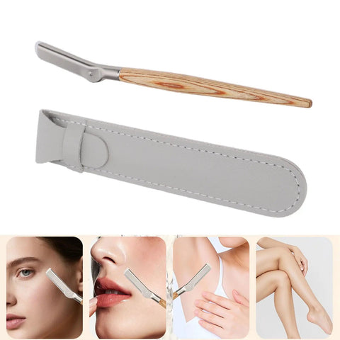 Get Your Brows In Tip Top Shape With This Manual Eyebrow Shaper Trimmer Featuring A Wooden Handle And Safety Mesh Guard For Dead On Facial Hair Removal For Men And Women Plus Stainless Steel Refills, shown with blades and case.
